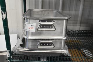 5 new stainless steel steam table pans, anti-jam, 24 gauge, 2 1/2" deep, with auction label "QTY VX5".