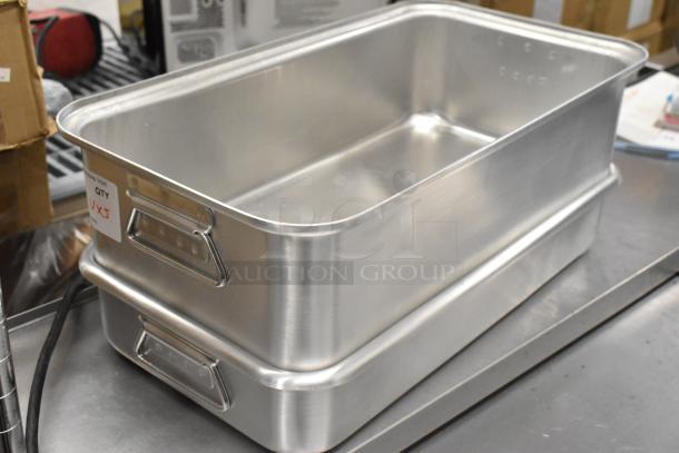 Set of brand new, anti-jam stainless steel steam table pans, 24 gauge, 2.5" deep, with visible 'V x 5' tag.