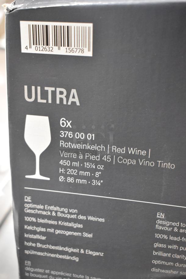 Box for Stolzle Ultra 16 oz. wine glasses, model 5503760001, 6-pack. Features in English, German, French.