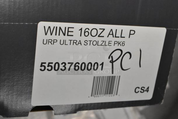 Label on box for Stolzle Ultra 16 oz. wine glass pack. SKU: 5503760001. Marked "PC1." Contains barcode.