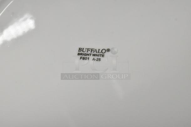 12" Oneida Buffalo Bright White Ware plate, porcelain, rolled edge, marked "F801 A-25." New, minor scratches.