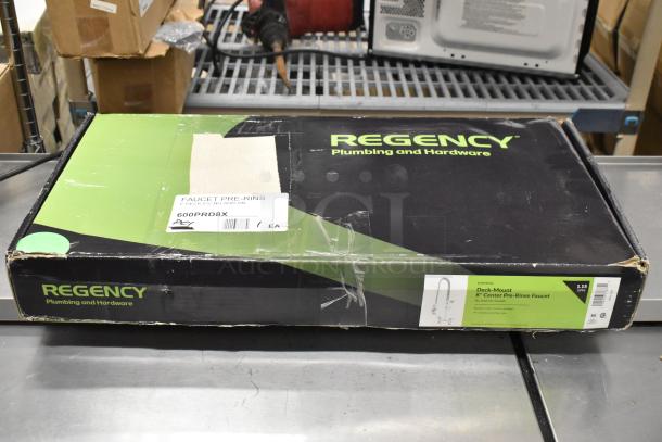 Box for Regency 600PRD8X Deck-Mounted Pre-Rinse Faucet, 1.15 GPM, 8" Centers, 44" Hose; new with minor dents.