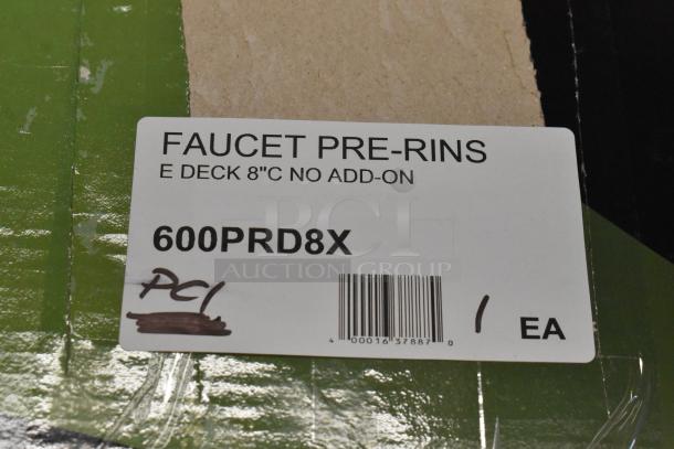 Alt text: Label for Regency 600PRD8X deck-mounted pre-rinse faucet, 1.15 GPM, 8" centers, 44" hose, brand new, scratch and dent.