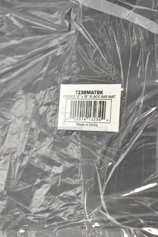 New 12"x18" black bar mat, model 723BMATBK by Choice. Pack of 4, scratch and dent condition, labeled "Made in China."