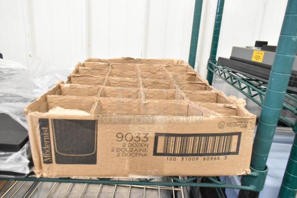 Cardboard box containing Reserve by Libbey Modernist 7 oz. rocks glasses, visible branding and item details, new condition.