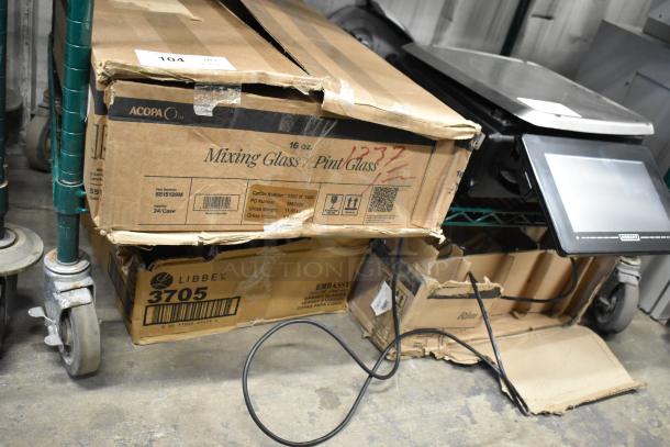 Boxes of Acopa and Libbey glasses, labeled 16 oz. Mixing Glass, customizability noted; boxes damaged, items new.