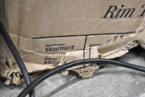 Damaged box showing item number 5535116HT and quantity 24/Case for Acopa Select 16 oz. Rim Tempered Mixing Glass.