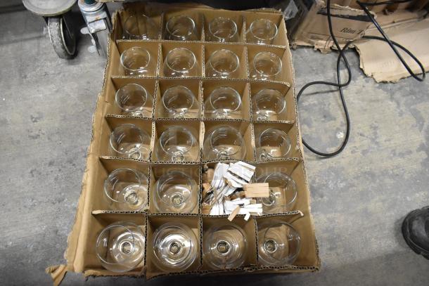 Box of 24 brand new customizable glassware including Acopa 16 oz. mixing glasses and Libbey 11.5 oz. brandy glasses.