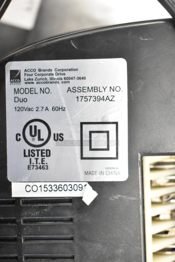 Label on a Swingline Duo paper shredder showing model, assembly number 1757394AZ, UL certification, and Made in China.