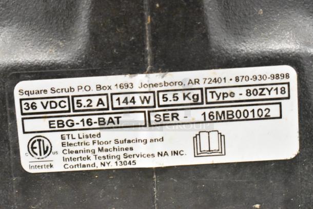 Doodlemop 36 VDC Scrub Battery label, showing 5.2A, 144W, type 80ZY18, 5.5 kg, serial 16MB00102, ETL listed.