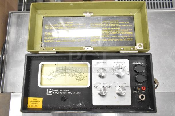 Leeds & Northrup Specific Ion Meter 7417 in used condition, with dials for standardization and temperature. Features operational instructions under lid.