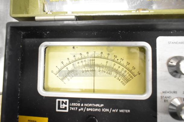 Leeds & Northrup 7417 pH/Specific Ion Meter, with scale display and control knobs; vintage lab equipment.