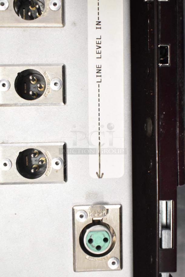 Audio connector panel with XLR inputs, marked "LINE LEVEL IN," used for professional audio equipment connections.