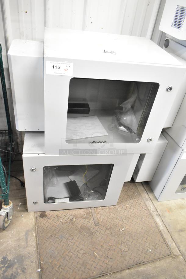 2 BlackShields DC0300 white metal air-conditioned cabinets, front view, lockable glass doors, new condition, quantity 2.