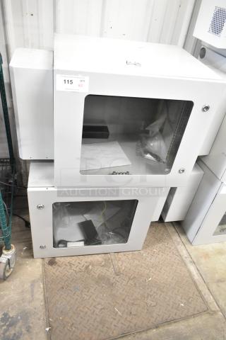 2 BlackShields DC0300 white metal air-conditioned cabinets, front view, lockable glass doors, new condition, quantity 2.