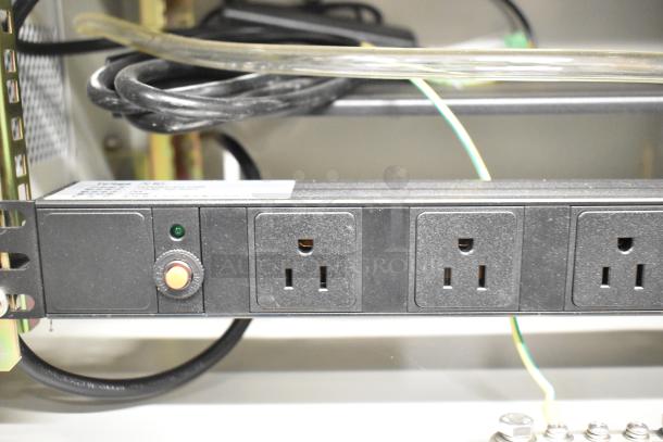 BlackShields DC0300 white metal air-conditioned technology cabinet with rack unit. Features multiple power outlets.