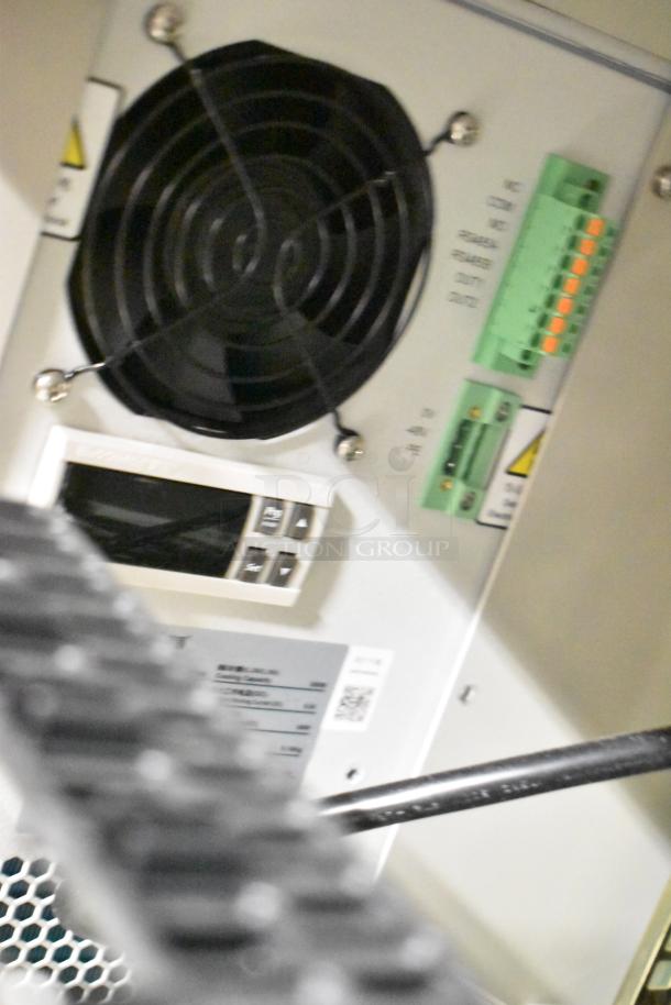 BlackShields DC0300 white metal air-conditioned technology cabinet with rack unit, featuring fan and control panel.