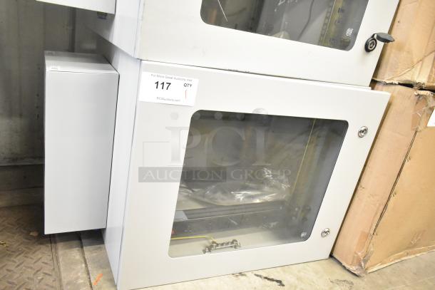 BlackShields DC0300 white metal cabinet with air conditioning and rack unit, no key, visible auction sticker "117".