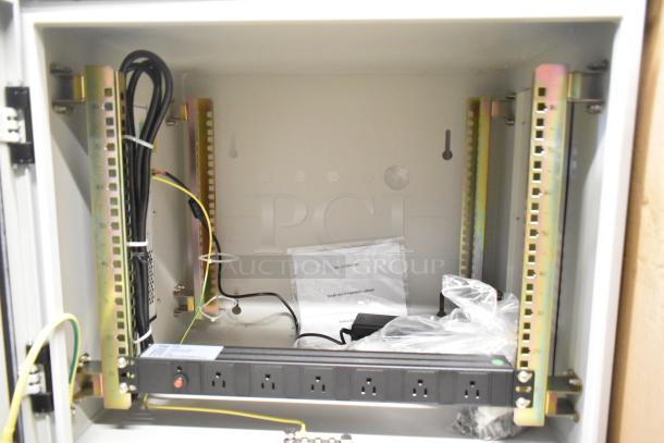 BlackShields DC0300 white metal cabinet with rack unit, missing key. Features air-conditioned technology, internal wiring, and power strip.