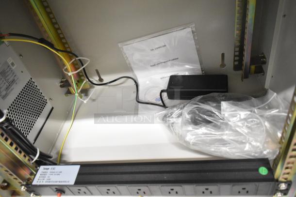 BlackShields DC0300 white metal air-conditioned cabinet with rack unit, missing key. Includes power cords and instructions.