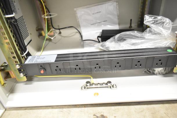 BlackShields DC0300 white metal air-conditioned technology cabinet with rack unit, shown open with internal power strip and wiring. No key included.