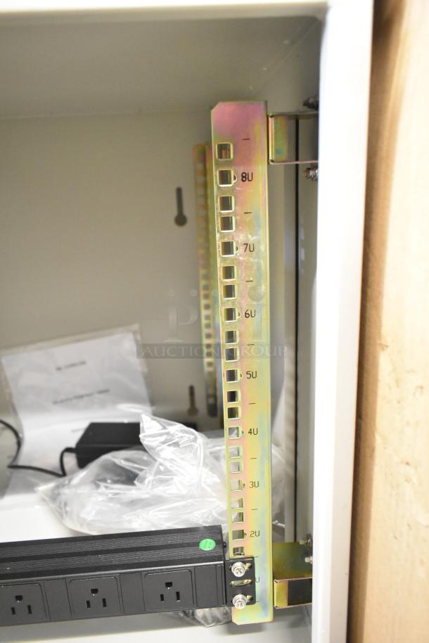 BlackShields DC0300 white metal air-conditioned technology cabinet with rack unit; missing key; includes power strip.