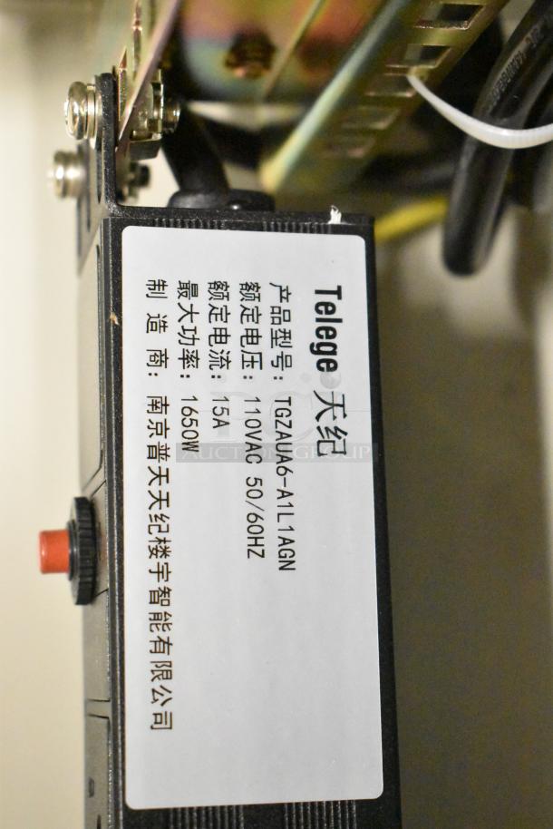 BlackShields DC0300 white metal air-conditioned cabinet, includes rack unit. No key. Tag shows specs: 110VAC, 15A, 1650W.