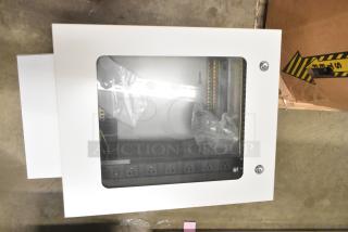 BRAND NEW BlackShields DC0300 white metal air-conditioned cabinet, visible front panel with protective plastic, slight scratches.