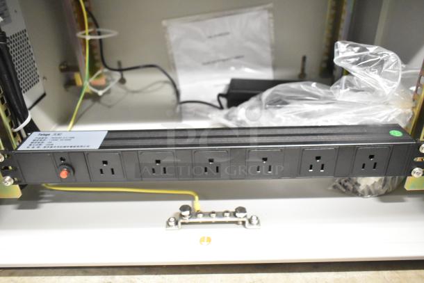 Brand new BlackShields DC0300 white metal air-conditioned technology cabinet, scratch and dent, with power strip visible.