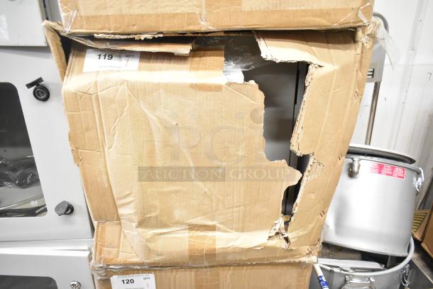 Damaged packaging of BlackShields DC0300 white metal air-conditioned cabinet, brand new scratch and dent condition.