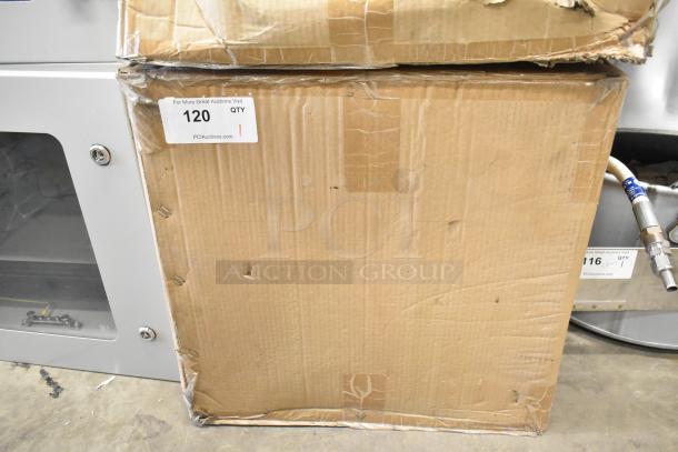 BRAND NEW BlackShields DC0300 technology cabinet in white metal. Air conditioned, has dents. Auction tag "120" visible.