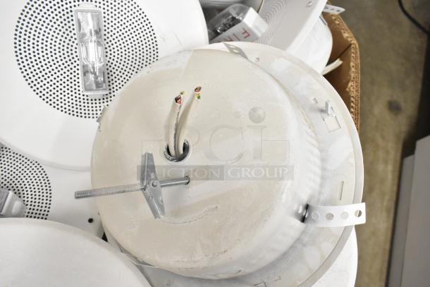 64 Wheelock CBB-8 speakers with fire alarm lights, shown with wiring and mounting hardware, in used condition.