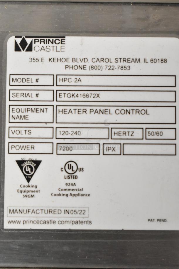 Prince Castle HPC-2A stainless steel heater panel control, 120-240V, 1 phase, model label visible, UL listed, manufactured 05/22.