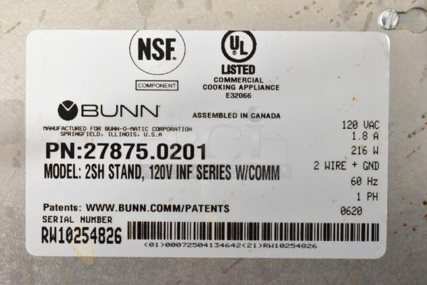 2020 Bunn 2SH STAND Stainless Steel Double Server Stand, 120V, 1 Phase, commercial use, NSF and UL listed, with label.