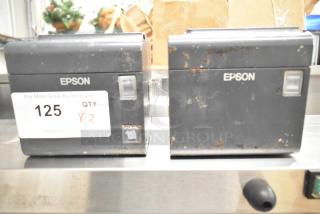 Two Epson M313A receipt printers with visible wear and rust. Label marked "125 QTY X2" from PCIAuctions.com.