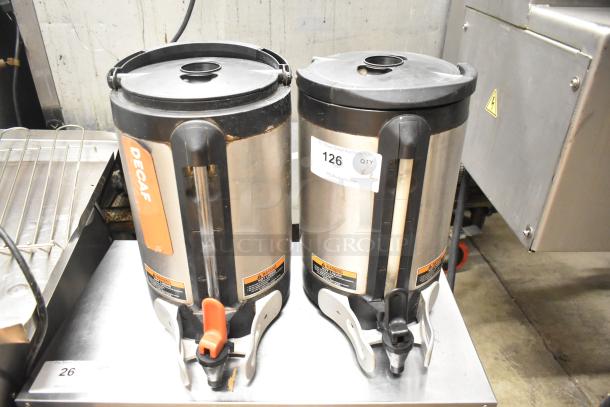 Two Bunn SH SERVER stainless steel coffee satellite servers, marked "DECAF." Includes auction label "126 QTY x2."
