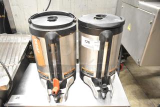 Two Bunn SH SERVER stainless steel coffee satellite servers, marked "DECAF." Includes auction label "126 QTY x2."