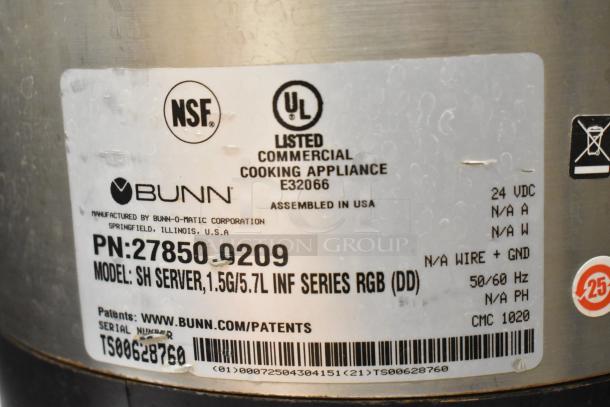 NSF and UL certified Bunn SH SERVER Stainless Steel Coffee Satellite Server label. Model 1.5G/5.7L. Made in USA.