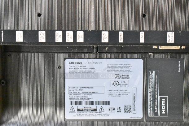 Back panel of Samsung PM49H 49" Color Display, showing input/output ports and model label LH49PMHPBGA/GO, 100-240V.