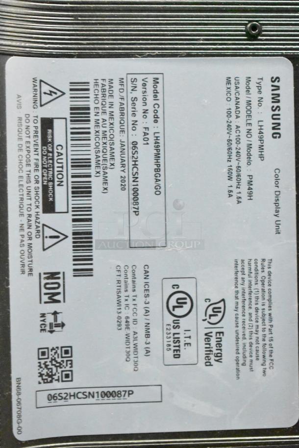 Samsung PM49H 49" Color Display label with power specs and certifications. Model LH49PMHPBGA/GO, made January 2020.