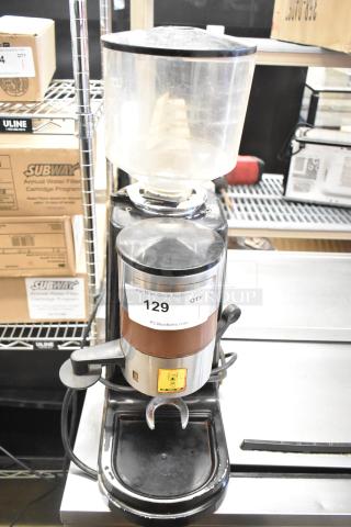 Metal commercial countertop espresso bean grinder, 115 volts, 1 phase, in good condition with capacity hopper and control lever.