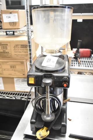 Metal commercial countertop espresso bean grinder, 115 volts, 1 phase; features a clear hopper and power switch on the front.