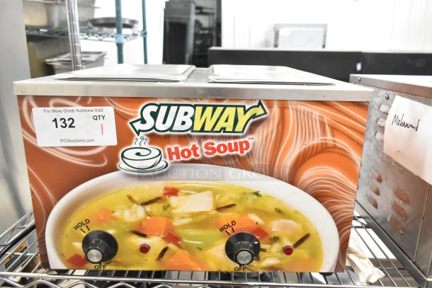 Duke CSW-2-T-AM stainless steel food warmer, branded with Subway Hot Soup graphics. 120V, 1 phase. Auction tag 132.