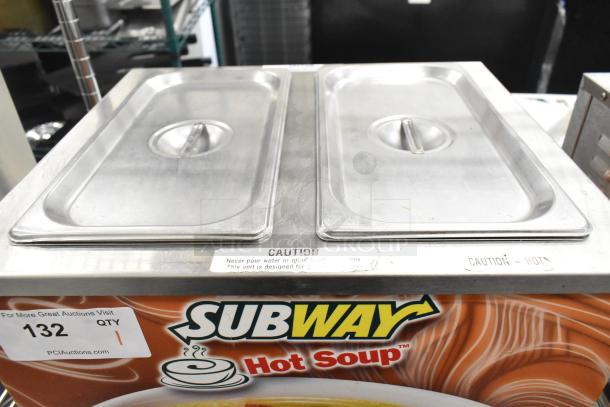 Duke CSW-2-T-AM stainless steel food warmer, 120V, 1 phase, Subway branding, warning labels, good condition.