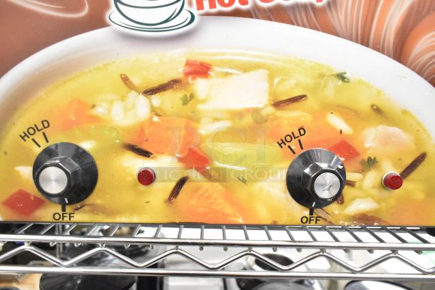 Duke CSW-2-T-AM stainless steel commercial countertop food warmer, dual knobs labeled "Hold" and "Off," 120 volts, 1 phase.