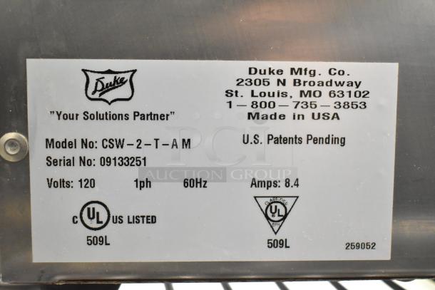 Duke CSW-2-T-AM stainless steel food warmer label, 120V, 1 phase, UL listed, serial 09133251, made in USA.