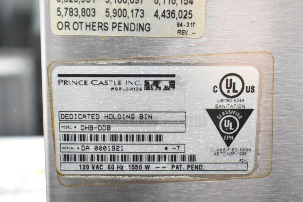 Prince Castle DHB-DDB stainless steel holding bin, 120V, UL sanitation listed, serial DA 0001921, for commercial use.