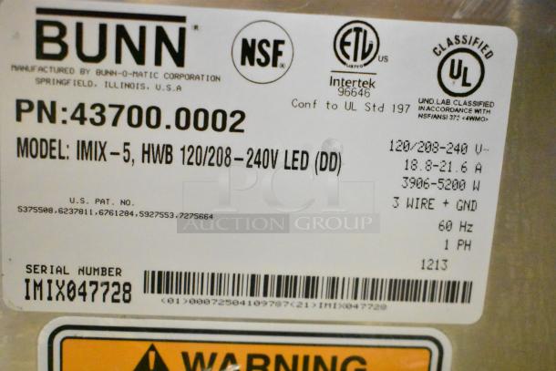 Bunn IMIX-5 stainless steel cappuccino machine with voltage info and serial number IMIX04728. UL and NSF certified.