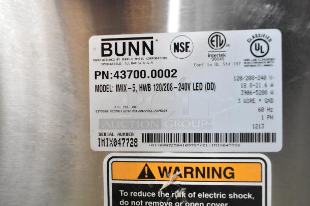 Bunn IMIX-5 Stainless Steel Commercial Cappuccino Machine, model IMIX-5. Labels show voltage 120/208-240V, 1 Phase, serial IMIX047728.