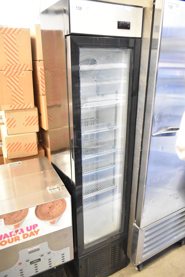 KoolMore SD105B single door reach-in cooler, metal frame, glass door, 5 shelves, 115V, 1 phase, ideal for commercial use.